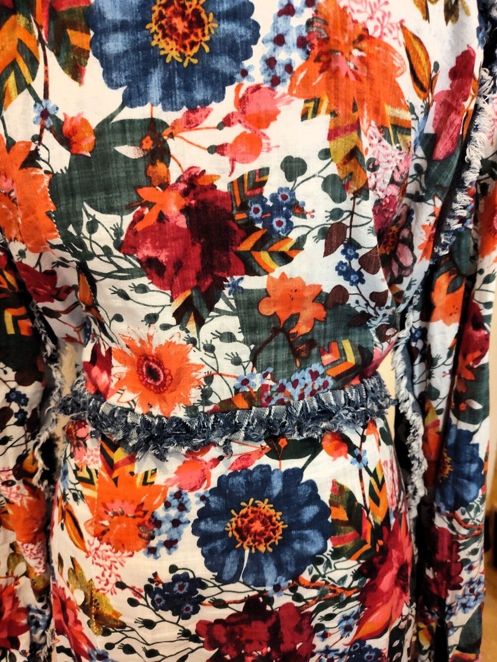 ADORE Distressed Denim Floral Duster Jacket Dress Artsy Boho Western Large EUC - Picture 5 of 6